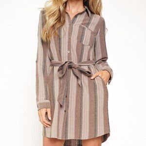 MYSTREE Striped Button Down Shirt Dress w/ Belt Neutral Brown Beige